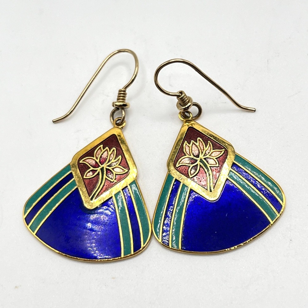 Vintage LAUREL BURCH Dangle Enamel Blue Turquoise Water Lily Fan Earrings
